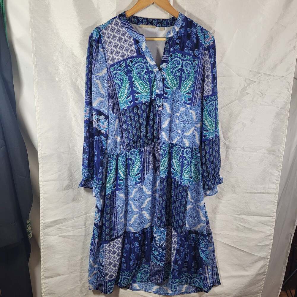 Sunny Leigh Blue Paisley Patchwork Long Sleeve Tiered Dress